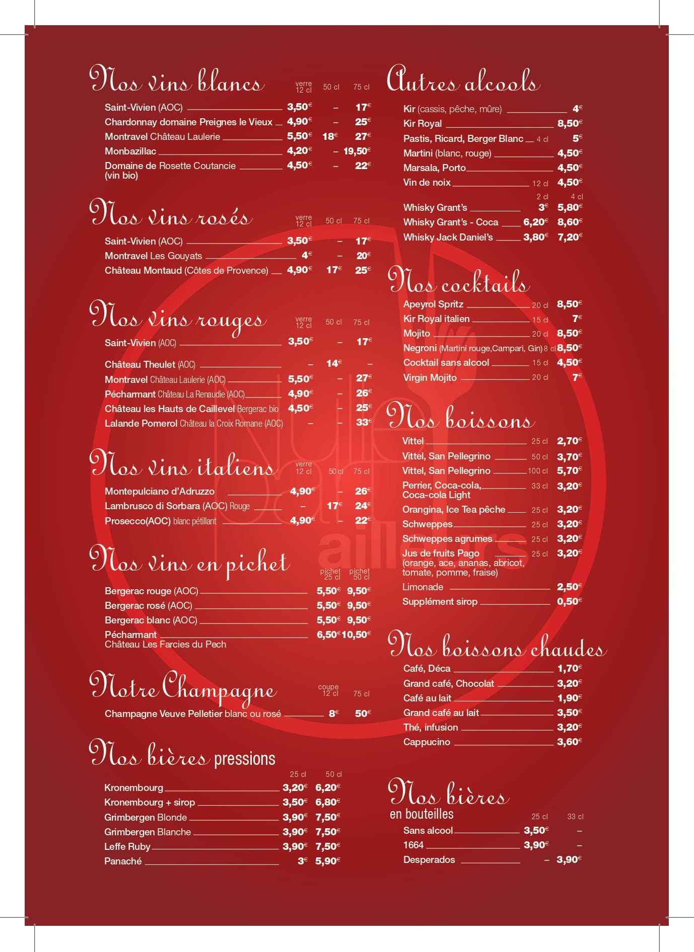 carte des boissons de la pizzeria, restaurant, bar Nulle Part Ailleurs à Trémolat